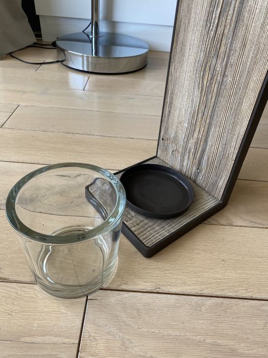 Świecznik ozdobny drewniany ze szkłem, nowy