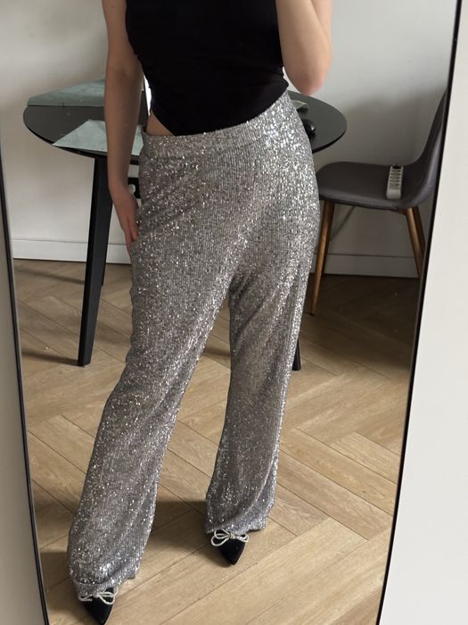 Cekinowe długie spodnie XXL szeroka nogawka wysoki stan Asos pinterest