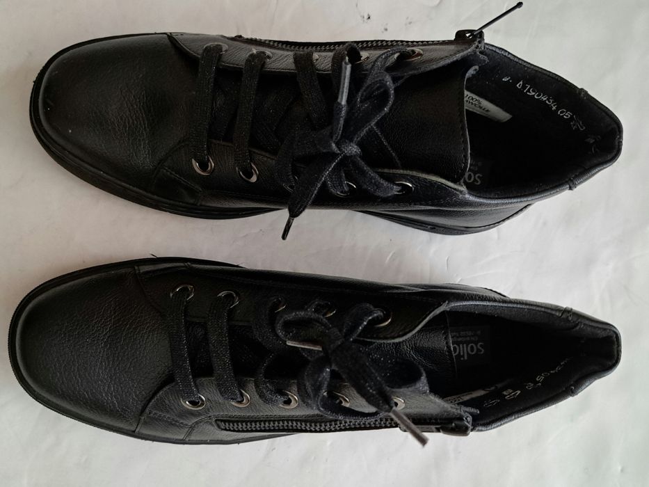 Botki Damskie Czarne Skóra Do Kostek Ocieplane Zamek Wiązanie, Solidus