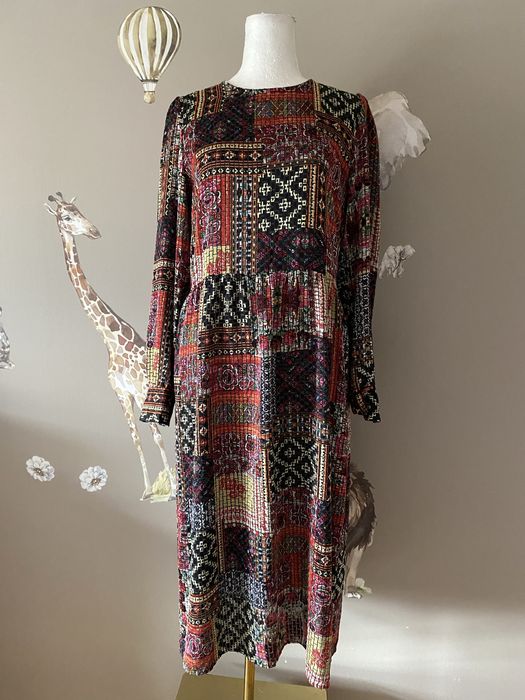 Kolorowa sukienka midi Zara boho etno patchwork, długi rękaw, S