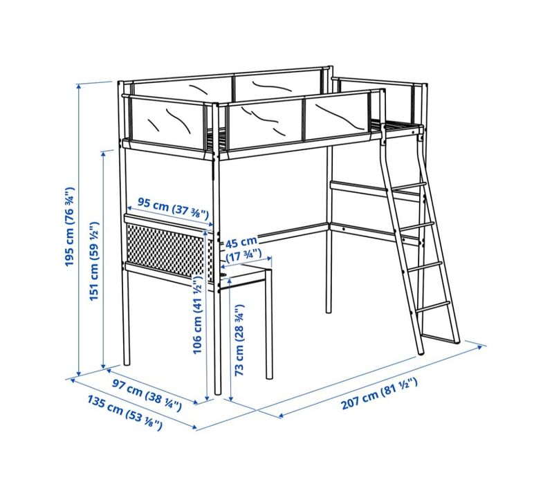 Cama elevada com secretária cor branca e cinza