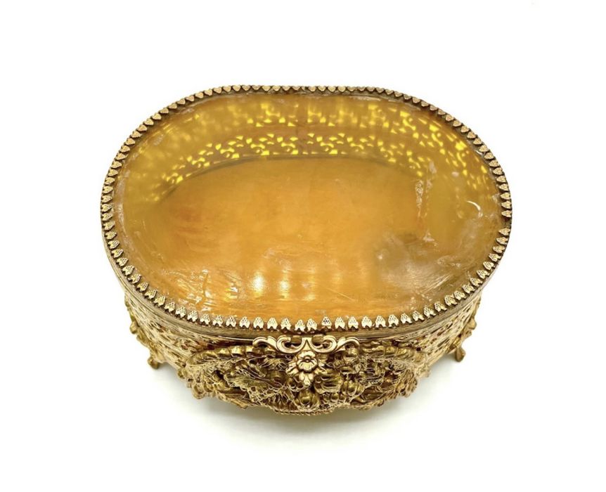 Frascos perfumes e guarda joias antigos banhado a ouro filigrana, âmbar, matson