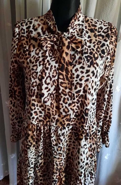 Piękna nowa w panterkę leopard sukienka wiązana brąz camel beż M M/L