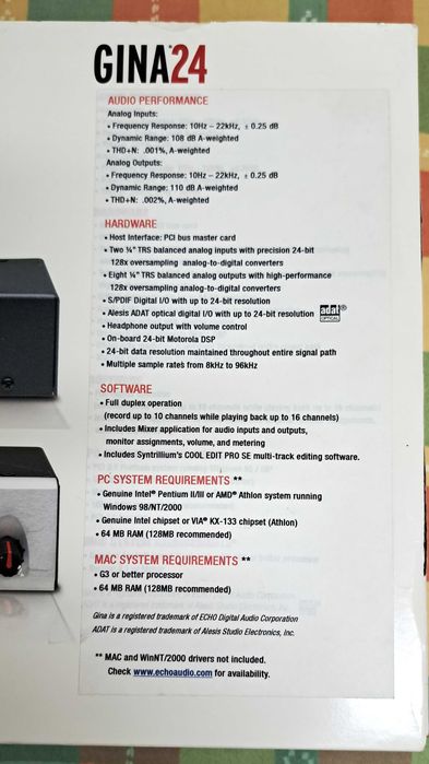 Profesjonalna, studyjna karta muzyczna GINA 24, nowa,