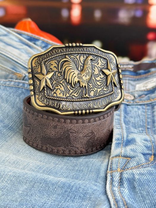 Pasek skórzany męski western kogut cock rooster brązowy