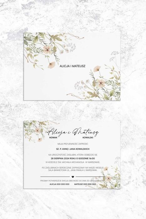 ZAPROSZENIA ślubne botaniczne, polne kwiaty
