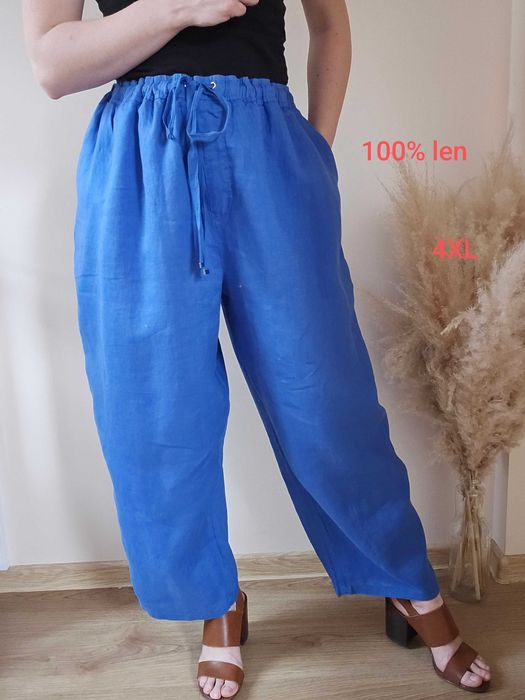 Letnie długie spodnie lniane 100% len niebieskie casual boho 4XL 50-52