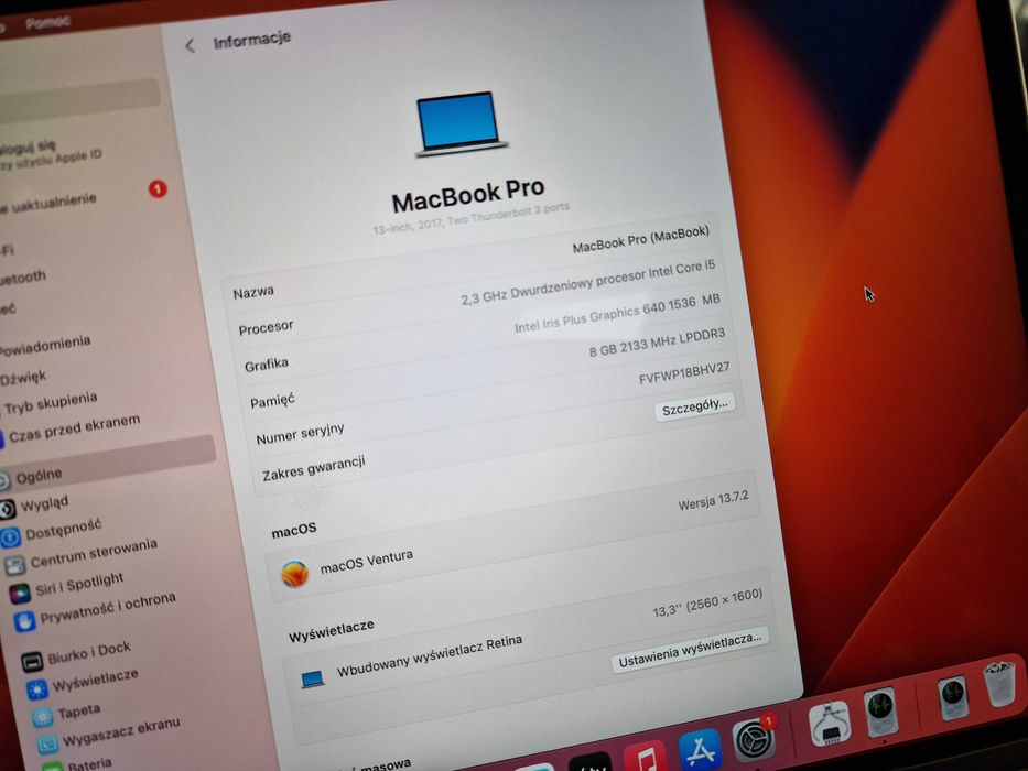 Macbook PRO 13 2017/ i5 2.30 GHZ/ 8GB/ 120GB/ czytaj uważnie opis