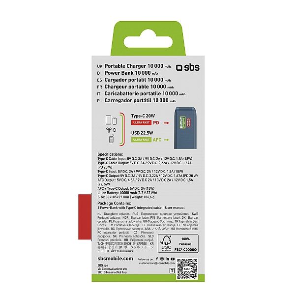 Powerbank SBS 10000 mAh 20W z wbudowanym kablem USB-C i wyświetlaczem