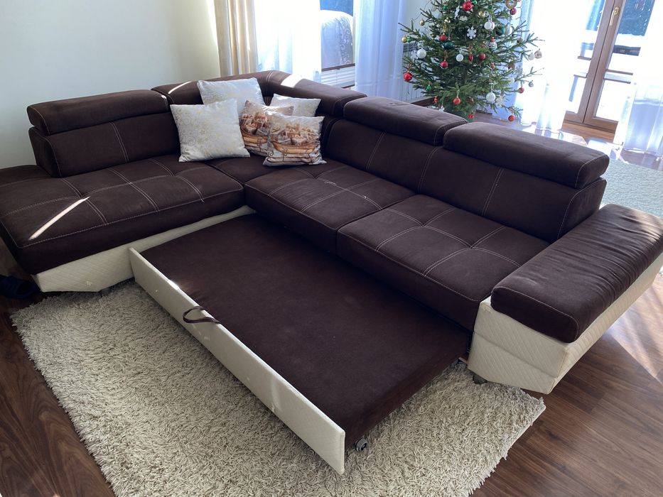 Kanapa narożna brązowo kremowa 210x270