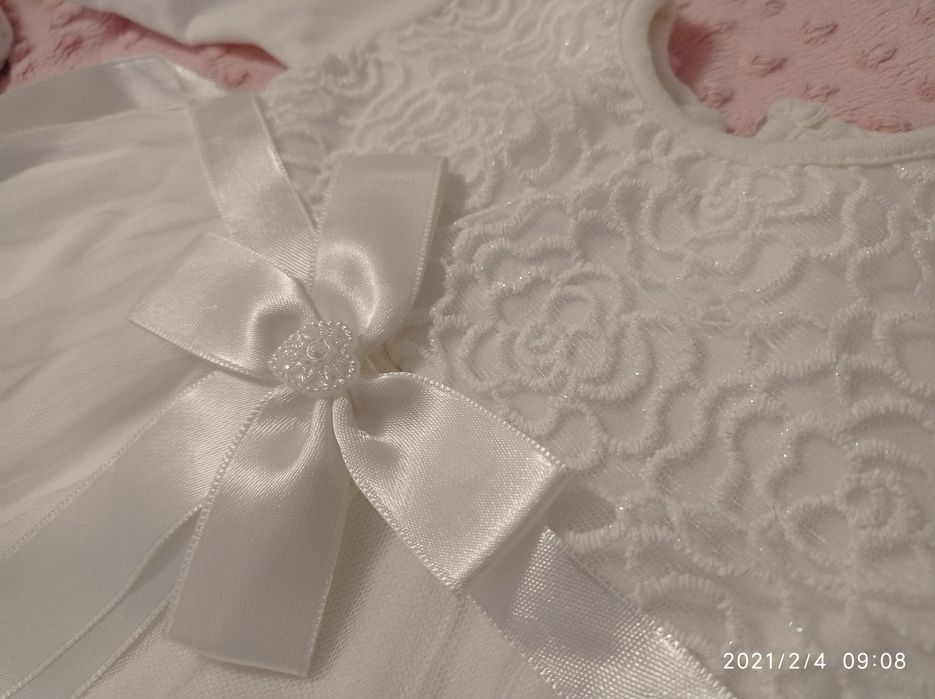 Zestaw na chrzest, sukienka, buciki, opaska i spinki