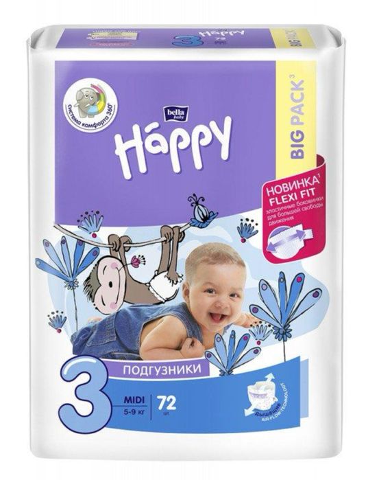 Підгузки дитячі Happy baby midi 5 - 9 кг 72 шт Bella