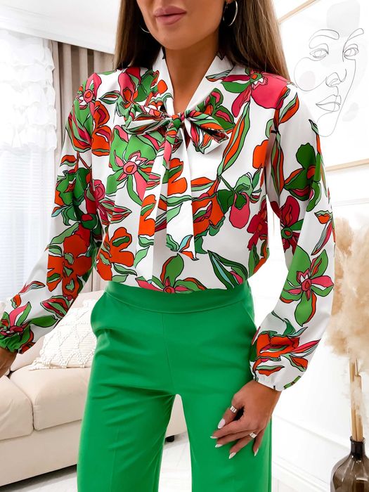 Koszula damska wizytowa biała w duże kwiaty 36 kokarda elegancka