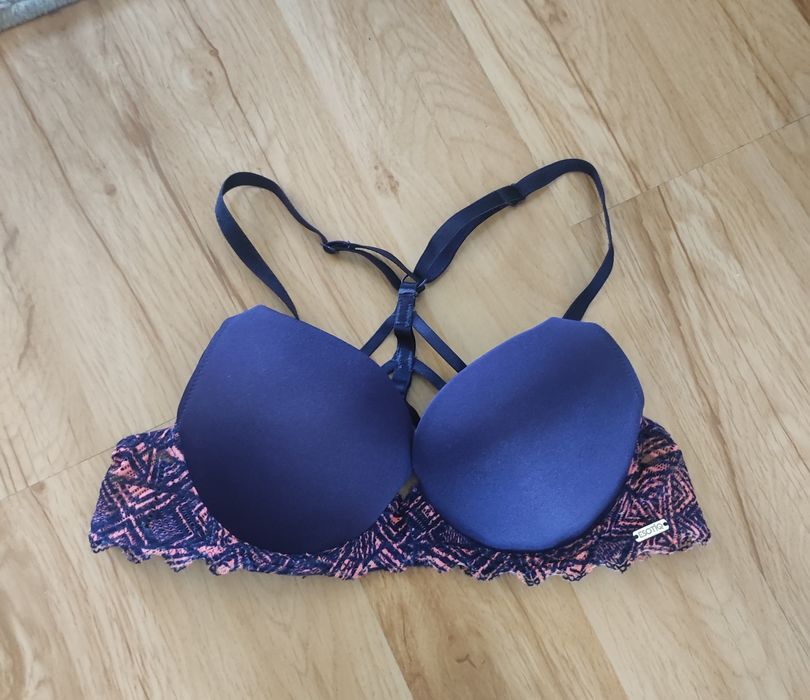 Granatowo różowy stanik biustonosz koronka ozdobne plecy 70B/65C