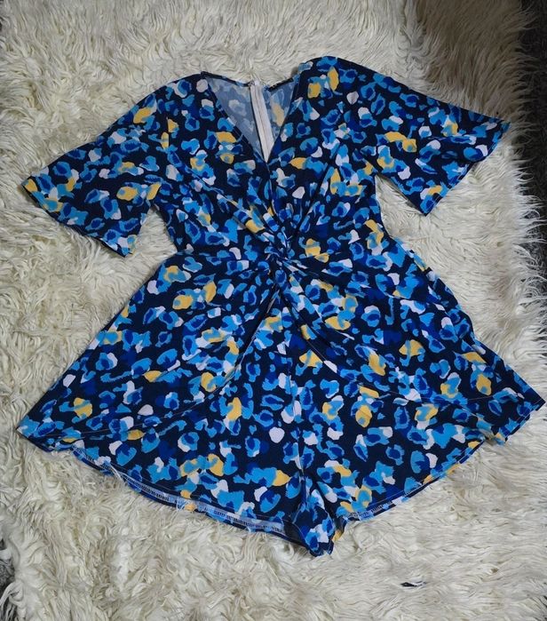 Letni kombinezon damski L boho niebieski w print falbany dekolt V zara