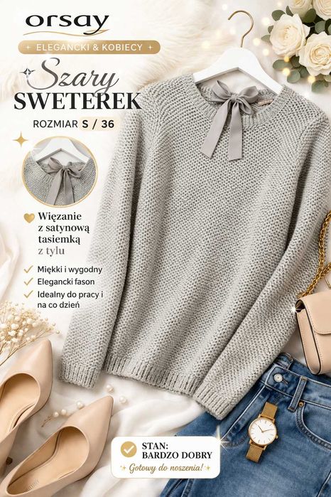 Orsay szary elegancki sweterek S 36 wiązany z tyłu hit do pracy