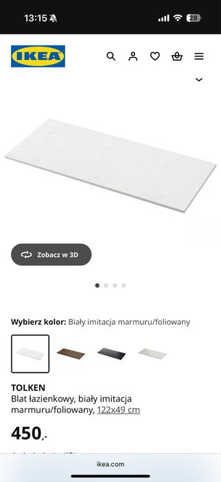 Ikea TOLKEN Blat łazienkowy, biały imitacja marmuru/foliowany, 122x49