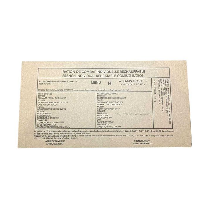 Francuska Wojskowa Racja Żywnościowa RCIR MRE 24h (menu 1-14) 2028 r.