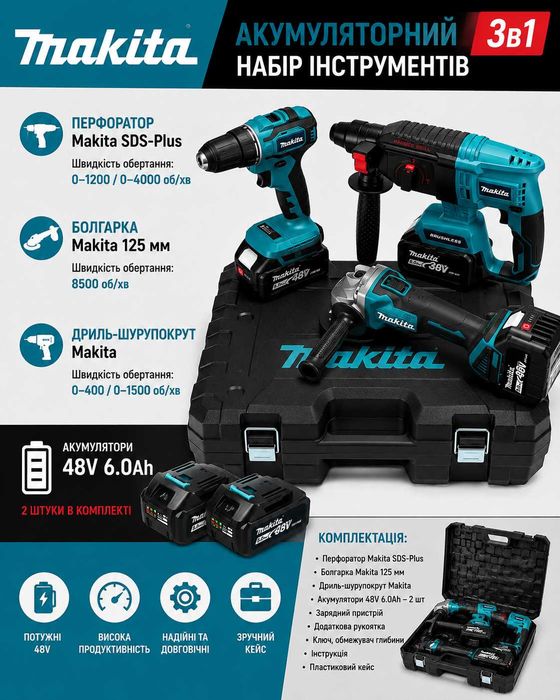 Акумуляторний набір інструментів 3в1 Makita 48V: перфоратор, шурупокрут, болгарка + 2 АКБ по 6.0Ah