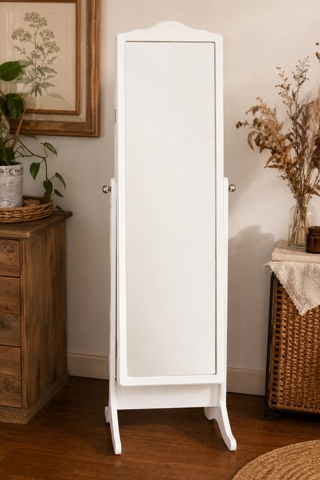 Szafka na biżuterię z lustrem stojąca | Zamykana na klucz | Biała | 155 cm