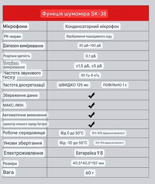 Цифровий шумомір SNAKOL SK-38, 30-130 дБ портативний вимірювач рівня шуму децибелометр