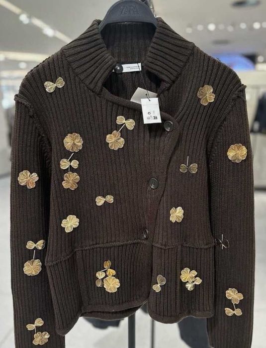 Zara kardigan ze złotymi detalami. kwiatkami, kwiatami 3D L XL
