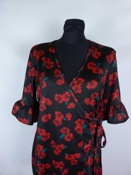 Boohoo kopertowa sukienka mini kwiaty falbanki / M
