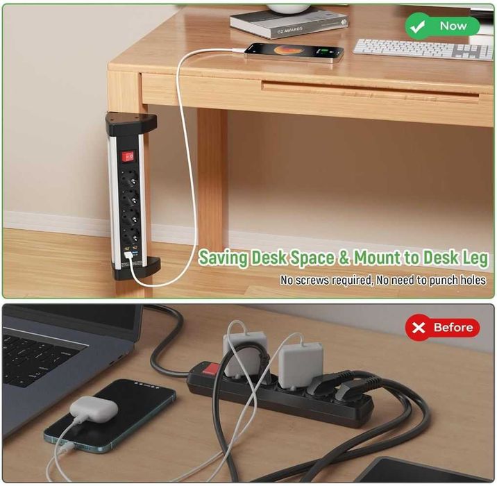 Listwa biurkowa 4 gniazda USB-C PD20W 1.8m kabel 16A/3680W z klipsem