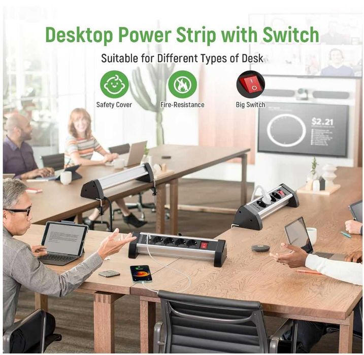 Listwa biurkowa 4 gniazda USB-C PD20W 1.8m kabel 16A/3680W z klipsem