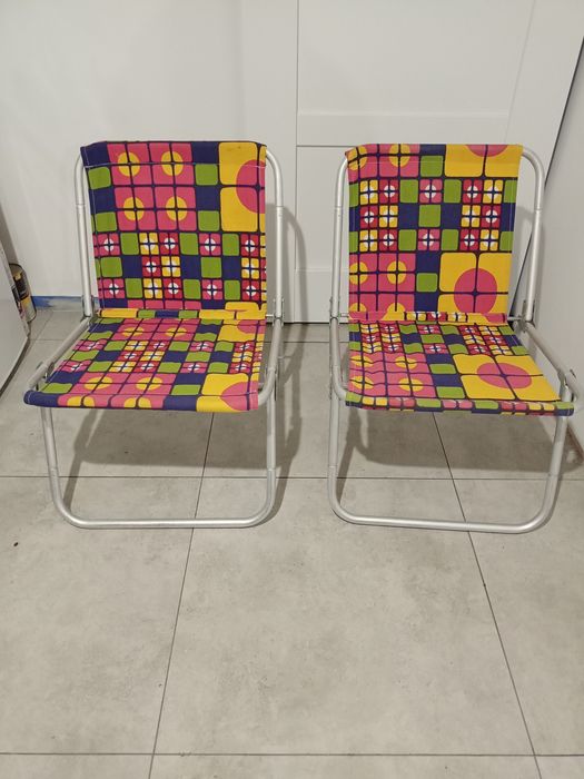 Kultowe krzesła plażowe vintage PRL – para, piękny wzór!