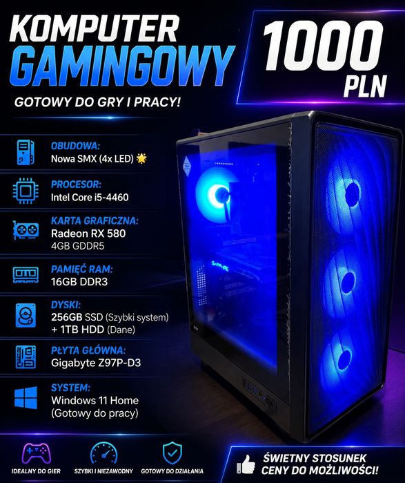 Gotowy Komputer Gamingowy | RX 580 | 16GB RAM | SSD+HDD | Win 11 – Gotowy do Akcji!