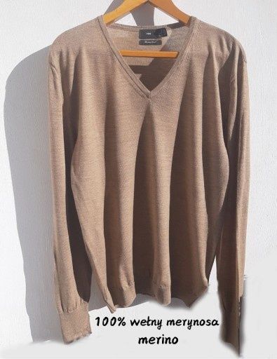 Lekki sweter 100% wełny merynosa merino dekolt V beż camel r. M