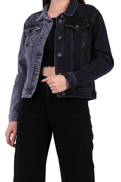 Dwukolorowa krótka kurtka jeansowa - szaro-czarny S