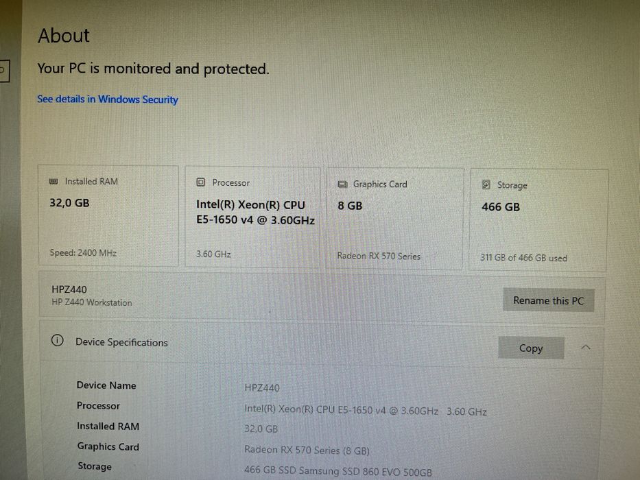 Komputer HP Z440 Workstation 64 GB Ram SSD 512GB 700W RX570 8GB