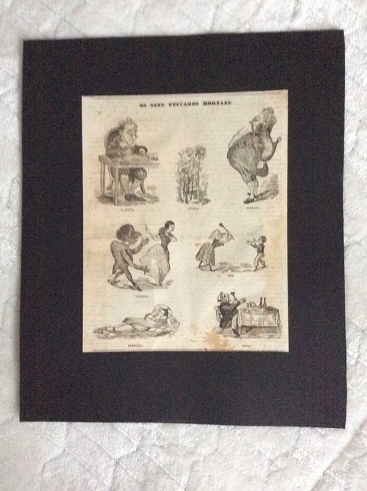 Os sete peccados mortaes. Rara e invulgar gravura de 1840. Original