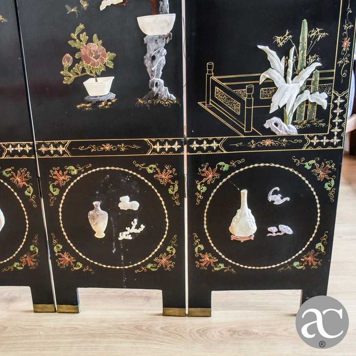Biombo Chinês de 2 faces em pedra dura lacado com 4 painéis