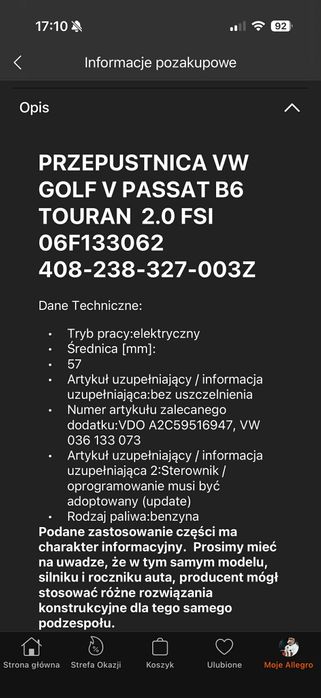 Przepustnica Continental VW PASSAT, B6 VW GOLF 5, TOURAN  2.0 FSI