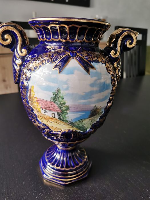 Jarra antiga cerâmica Alcobaça Raul Bernarda-RB azul cobalto e dourado 26 cm