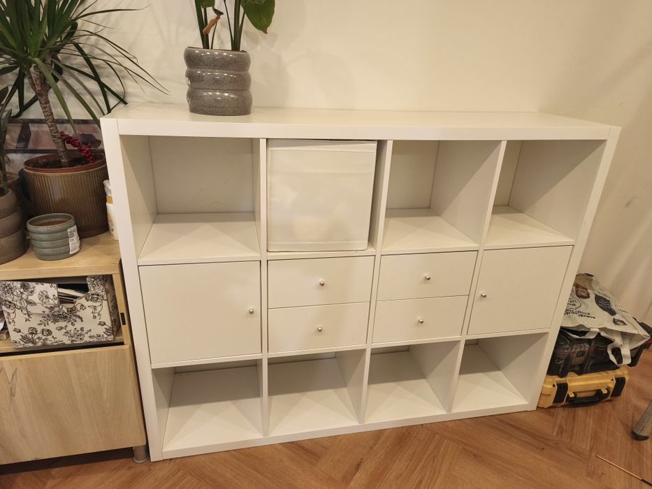 Regał IKEA KALLAX 3x4 biały + 4 wkłady (szuflady i drzwiczki) STAN BDB