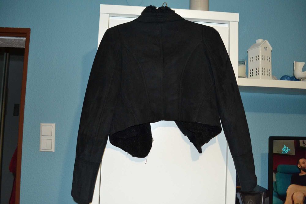 Ciepła kurtka krótka ramoneska zamsz XS 34 S 36 czarna ocieplana derek