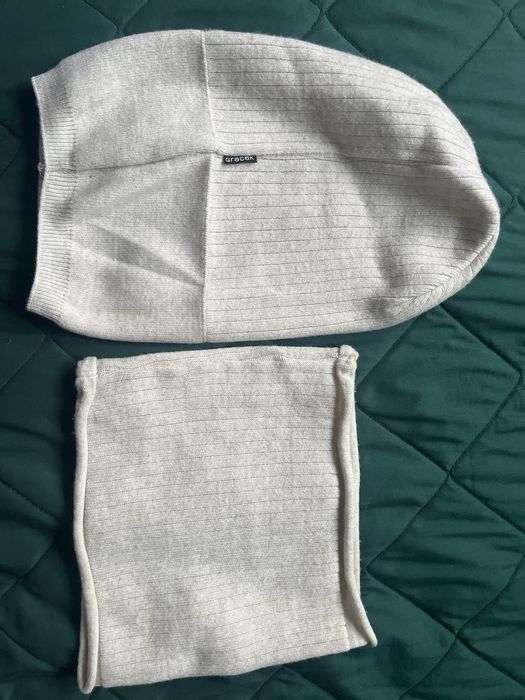 Komplet Wełna wool set  zima jesień beż czapka komin Gracek uniwersa M