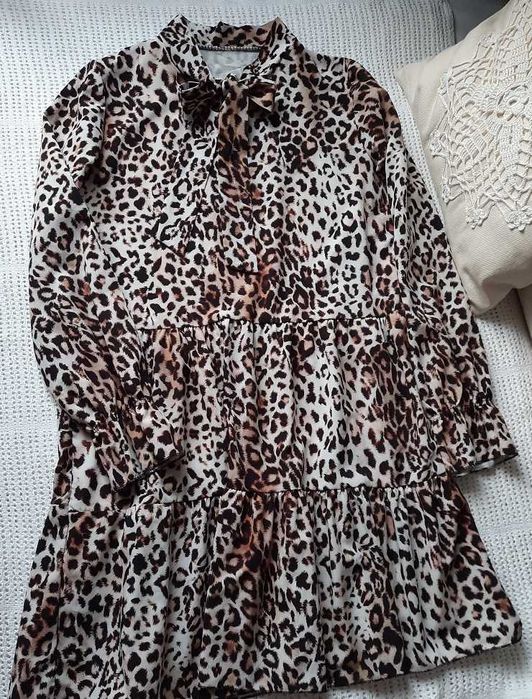 Piękna nowa w panterkę leopard sukienka wiązana brąz camel beż M M/L