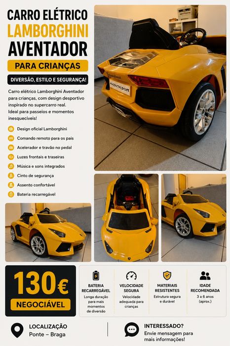 Carro Elétrico Criança Lamborghini Aventador Amarelo