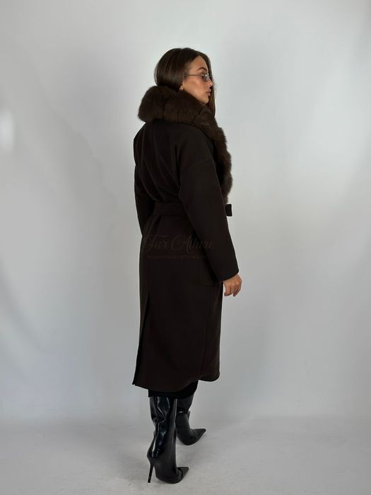 Жіноче шоколадне кашемірове пальто з натуральним хутро песця,42-56 р