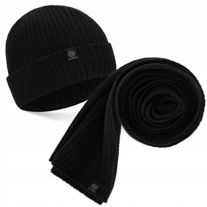 Zestaw Zimowy Męski BETLEWSKI Czapka + Szalik Czarny Ciepły Na Prezent