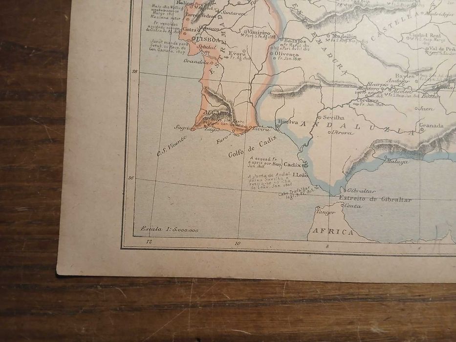 Mapa Peninsula Ibérica para o estudo das Invasões Francesas (Final do Séc XIX, Início do Séc XX)