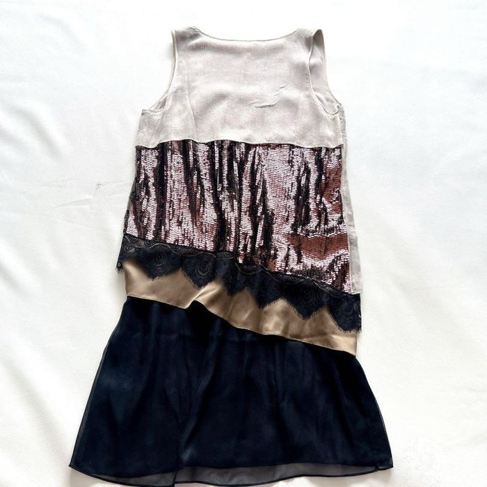 Pinko jedwab silk cekiny zjawiskowa sukienka bez brąz czarna M 38