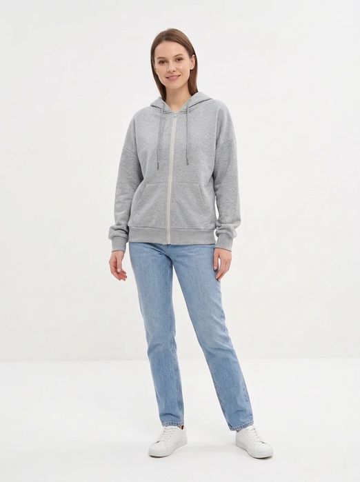 Bluza damska rozpinana szara oversize z kapturem kangurka ocieplana