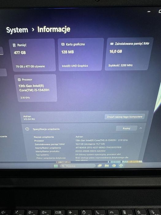 Laptop Lenovo V15 16GB 512GB na gwarancji
