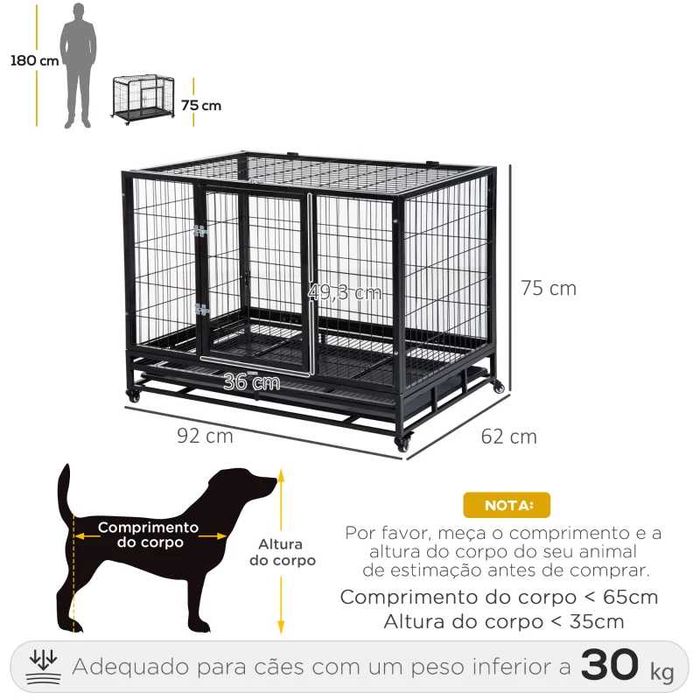 Gaiola de Metal c/rodas para Cães de Grande porte - 92x62x75cm - Preto